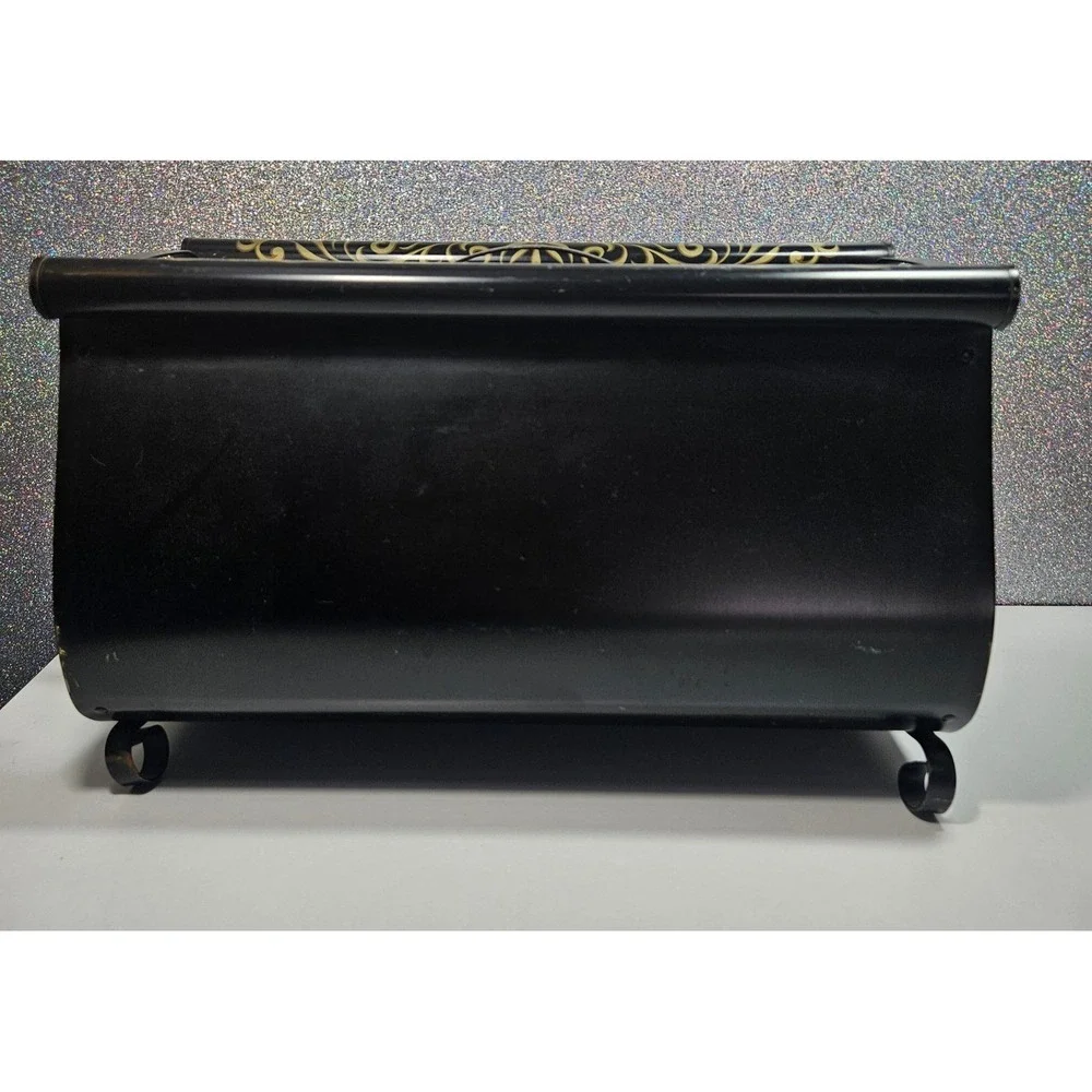 Vintage MCM Handpainted Metal Magazine Rack Geisha Litho Gold Scroll Chinoiserie